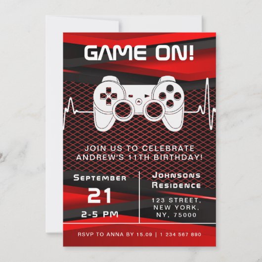 赤と黒のビデオゲーム ゲーマーの子供の誕生日パーティー 招待状 (正面)