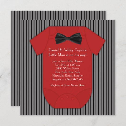 赤と黒のピンストライプの赤ちゃんシャワー 招待状 (正面/裏面)
