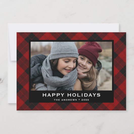 赤と黒のフェスティバルタータンチェッククリスマスフォト シーズンカード (正面)