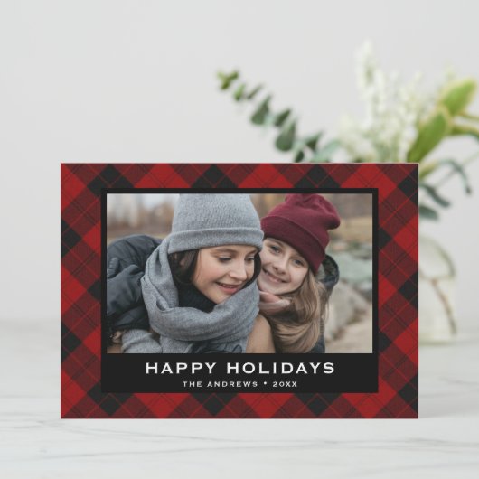 赤と黒のフェスティバルタータンチェッククリスマスフォト シーズンカード (スタンド正面)