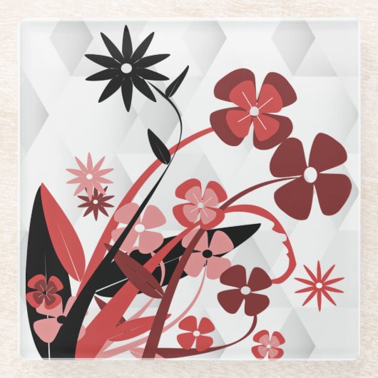 赤と黒のフラワーグラフィック ガラスコースター (正面)