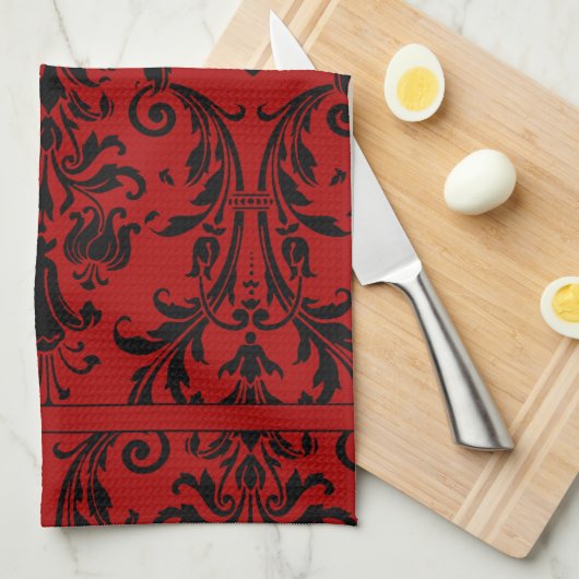 赤と黒のフローラスワーズダマスクモノグラム キッチンタオル (四つ折り)