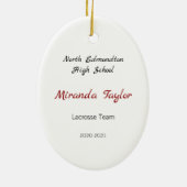 赤と黒のブルネット女性ラクロス選手 セラミックオーナメント (裏面)