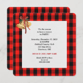 赤と黒のベル付きパーティー用伐採作業員チェック柄 招待状 (正面/裏面)