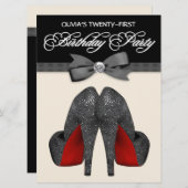 赤と黒のボウタイウーマンバースデーパーティー 招待状 (正面/裏面)