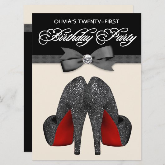 赤と黒のボウタイウーマンバースデーパーティー 招待状 (正面/裏面)