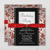 赤と黒のボウタイダマスク誕生日パーティー 招待状 (正面/裏面)