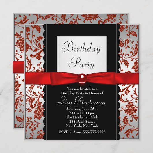 赤と黒のボウタイダマスク誕生日パーティー 招待状 (正面/裏面)