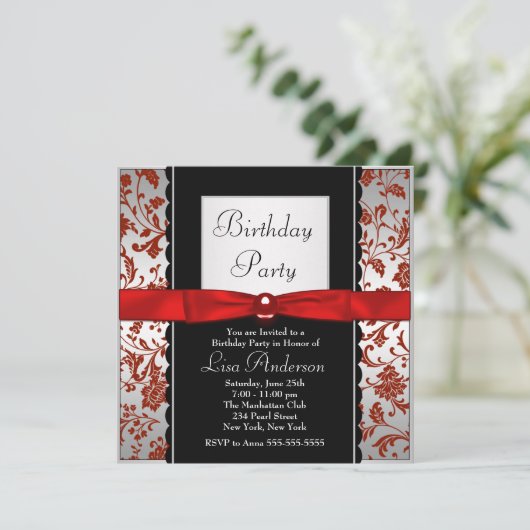 赤と黒のボウタイダマスク誕生日パーティー 招待状 (スタンド正面)