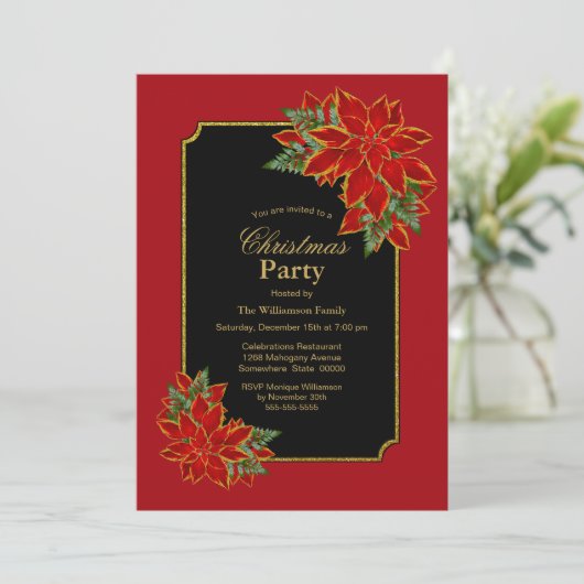 赤と黒のポインセチアのクリスマスパーティー 招待状 (スタンド正面)