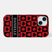 赤と黒のポーカーカードシンボル iPhone 15ケース (裏面横)