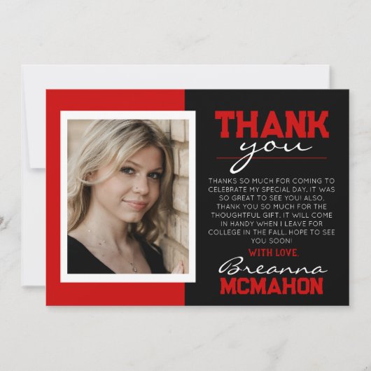 赤と黒のモダン卒業写真サンキューカード 招待状 (正面)