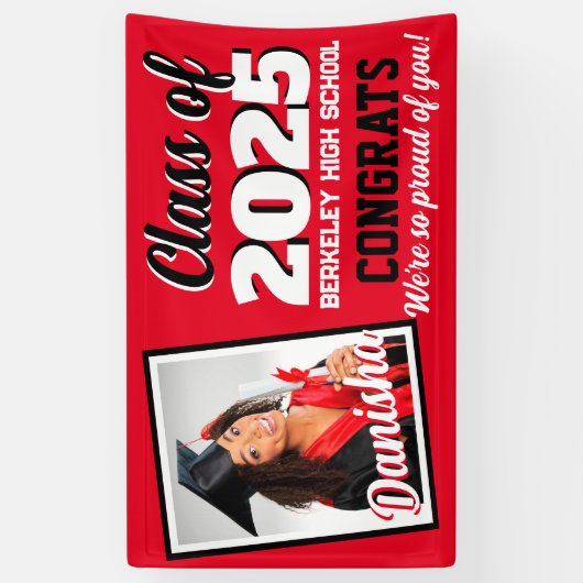 赤と黒のモノグラムと写真の卒業 横断幕 (縦)