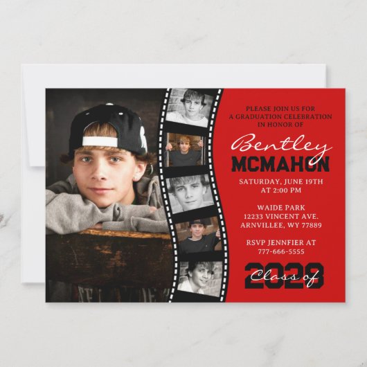 赤と黒のユニークフィルムストリップ6写真卒業 招待状 (正面)