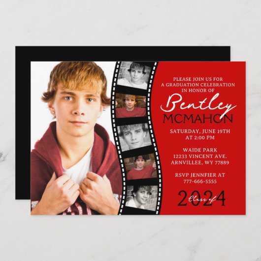 赤と黒のユニークフィルムストリップ6写真卒業 招待状 (正面/裏面)