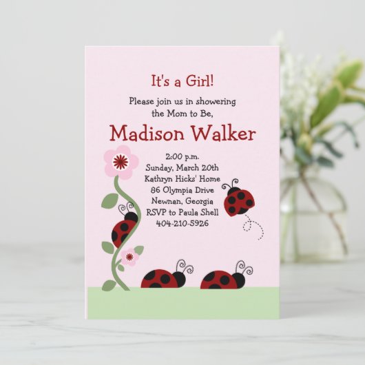 赤と黒のラディバグの花のつる植物シャワーの招待 招待状 (スタンド正面)