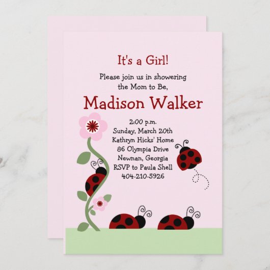 赤と黒のラディバグの花のつる植物シャワーの招待 招待状 (正面/裏面)