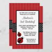 赤と黒のラディバグストライプのドット誕生日パーティー 招待状 (正面/裏面)