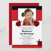 赤と黒のレディバグの写真付き誕生日招待状 招待状 (正面/裏面)