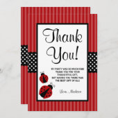 赤と黒のレディバグ ストライプ ドット 誕生日 サンキューカード (正面/裏面)
