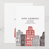 赤と黒のレトロな建物が特徴の新しい住所カード 招待状 (正面/裏面)