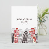 赤と黒のレトロビルディング 新しい住所カード 招待状 (スタンド正面)