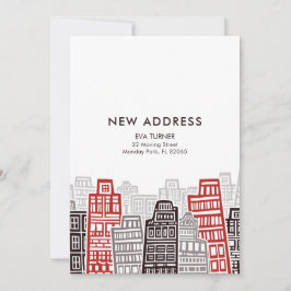 赤と黒のレトロ建物新しいアドレスカード 招待状