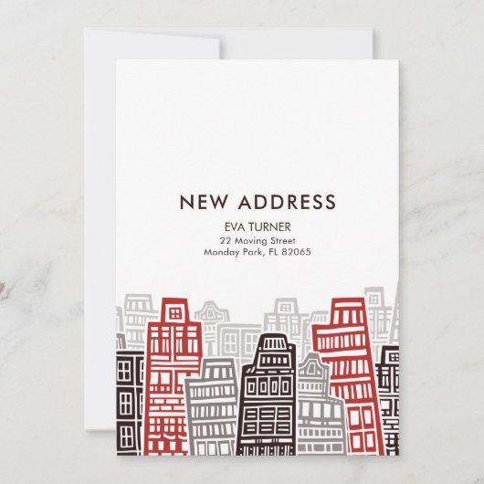 赤と黒のレトロ建物新しいアドレスカード 招待状 (正面)