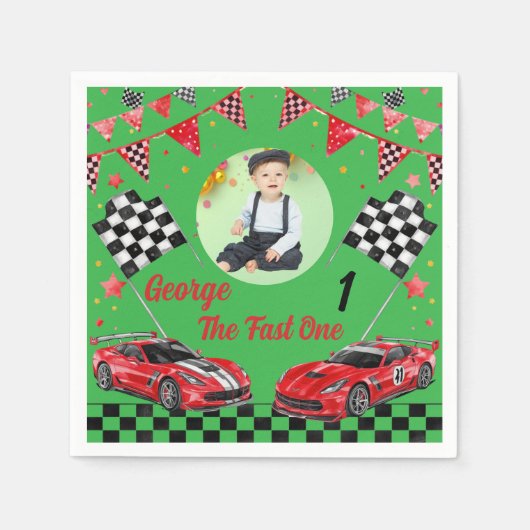 赤と黒のレースカー写真 1歳の誕生日 スタンダードカクテルナプキン (正面)
