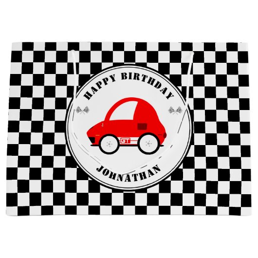 赤と黒のレースカー市松模様に誕生日 ラージペーパーバッグ (正面)