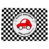 赤と黒のレースカー市松模様に誕生日 ラージペーパーバッグ (裏面)