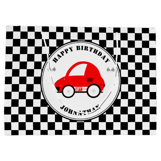 赤と黒のレースカー市松模様に誕生日 ラージペーパーバッグ (裏面)