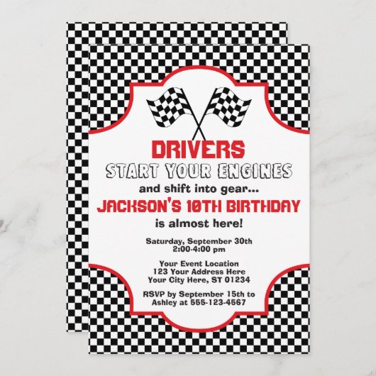 赤と黒のレース市松模様に誕生日 招待状 (正面/裏面)