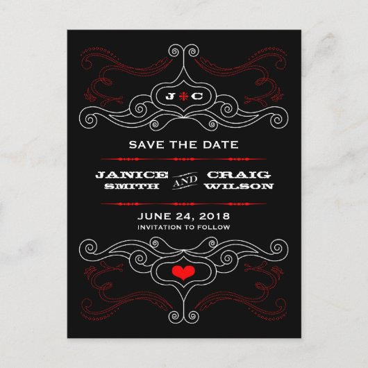 赤と黒のロックンロール音楽をテーマにしたウェディング 案内ポストカード (正面)