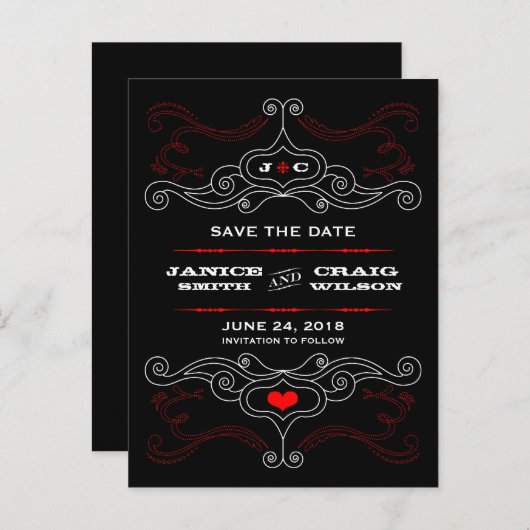 赤と黒のロックンロール ミュージックをテーマにしたウェディング 案内ポストカード (正面/裏面)