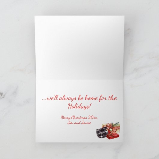 赤と黒のヴィンテージトラックとキャンパーのクリスマス カード (内部)