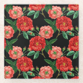 赤と黒のヴィンテージ ローズ パターン ガラスコースター