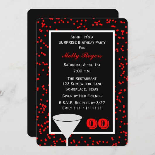 赤と黒の任意の年の大人のサプライズ誕生日 招待状 (正面/裏面)