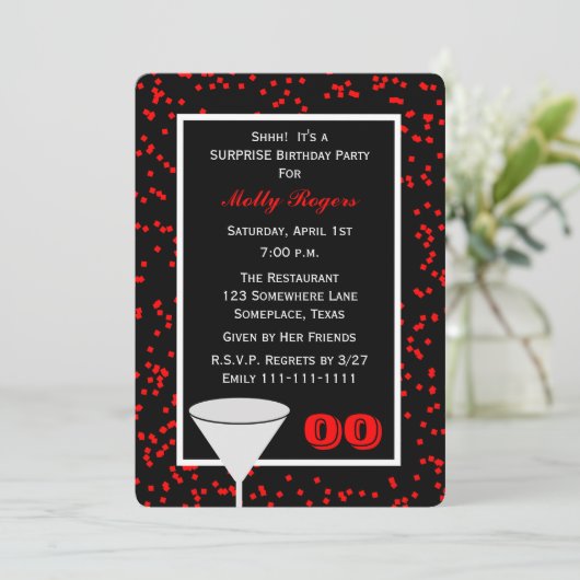 赤と黒の任意の年の大人のサプライズ誕生日 招待状 (スタンド正面)