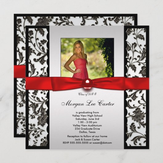 赤と黒の写真の卒業発表 招待状 (正面/裏面)
