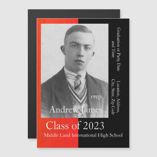赤と黒の写真 – 2023年クラス マグネット招待状 (正面/裏面)