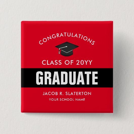 赤と黒の卒業ボパーソナライズされたタン 缶バッジ (正面)