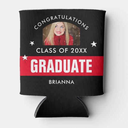 赤と黒の卒業写真パーソナライズされた 缶クーラー (正面)