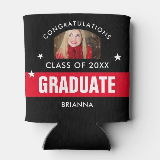 赤と黒の卒業写真パーソナライズされた 缶クーラー (裏面)
