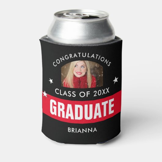赤と黒の卒業写真パーソナライズされた 缶クーラー (缶裏面)