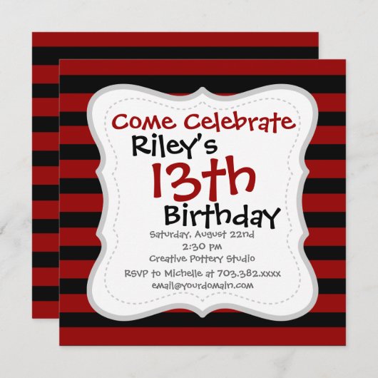 赤と黒の厚いレイヤストライプのーパターン 招待状 (正面/裏面)