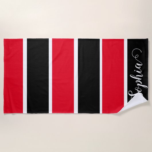 赤と黒の名前パーソナライズされたのストライプ ビーチタオル (正面)