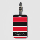 赤と黒の名前パーソナライズされたのストライプ ラゲッジタグ (正面縦)