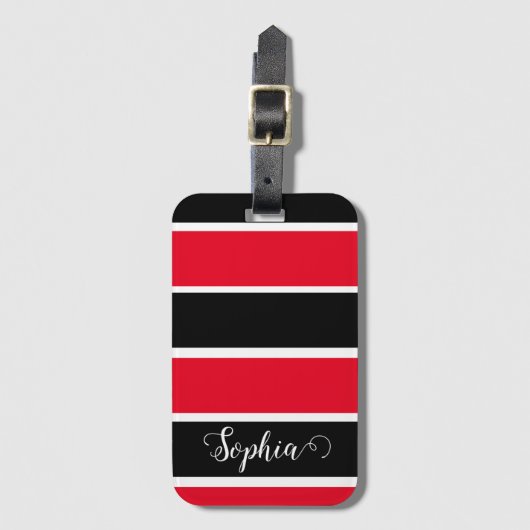 赤と黒の名前パーソナライズされたのストライプ ラゲッジタグ (正面縦)