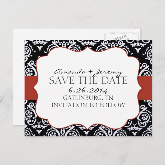 赤と黒の国のダマスクのパターン日付を保存 案内ポストカード (正面/裏面)